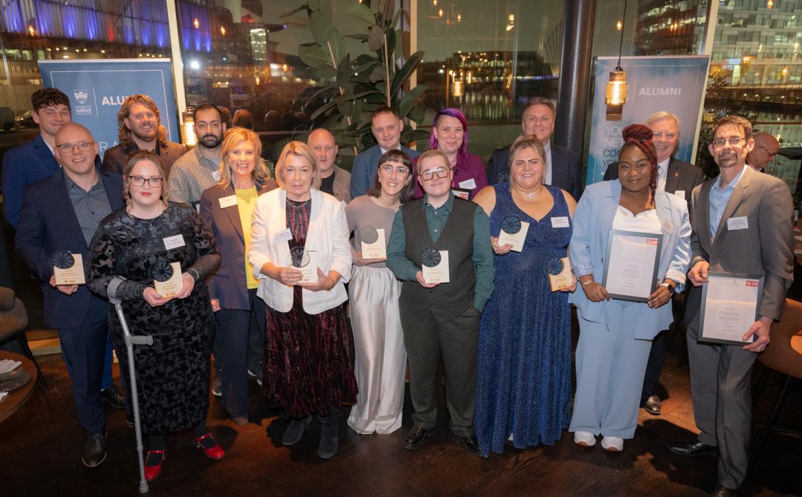 Group shot of all award winners with Chancellor Lucy Meacock