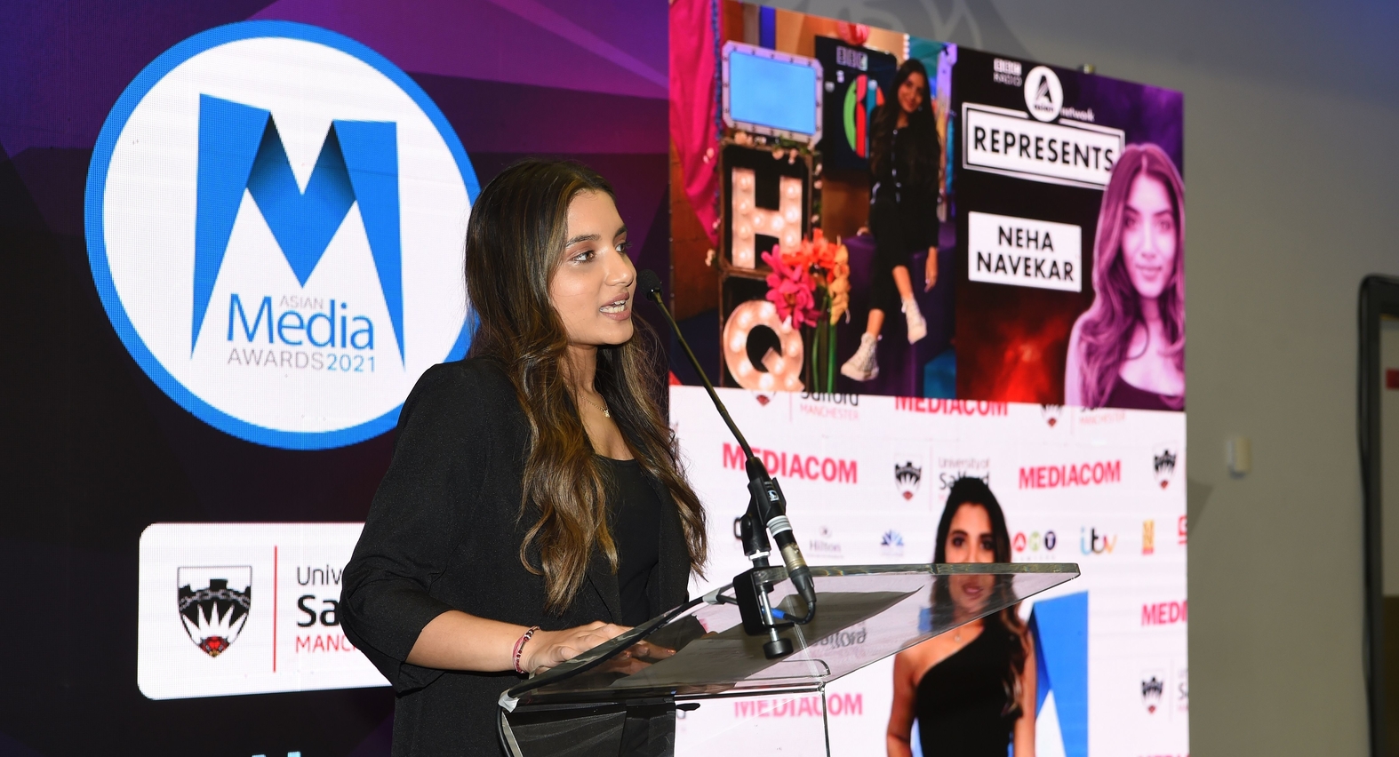Neha Navekar presenting at the Asian Media Awards 2021