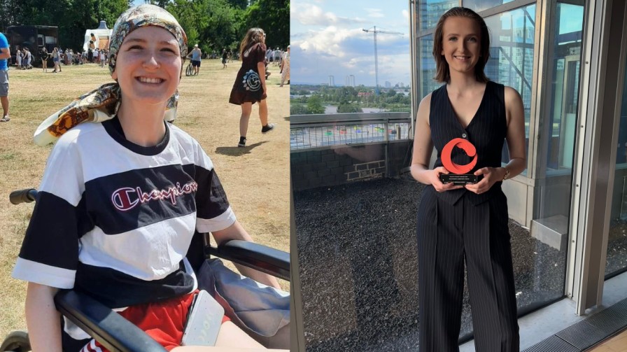 A girl sits in a wheelchair on the left in a park and on the right the same girl stands holding an award at The Lowry