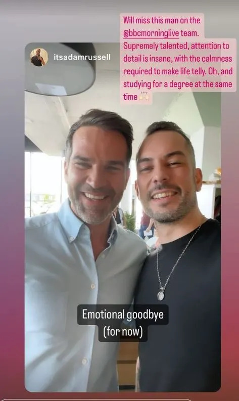 An instagram post from presenter Gethin Jones that is a picture of him with Adam Russell
