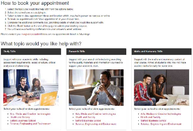 A screenshot of the Academic Skills Workshops portal