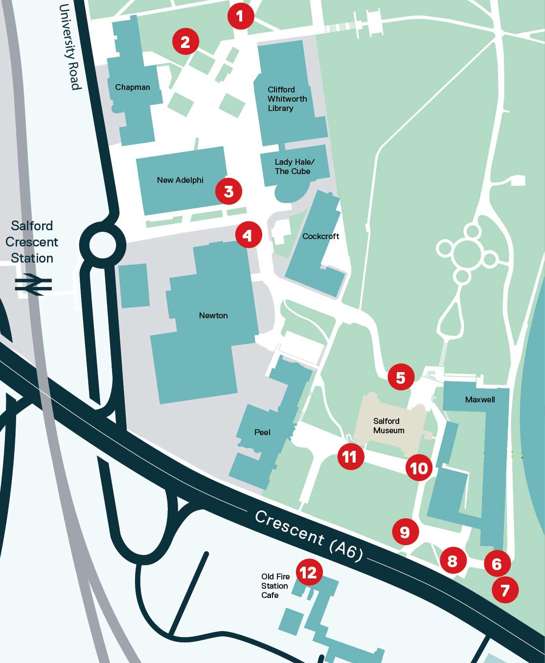 A map showing the Campus Heritage Trail checkpoints