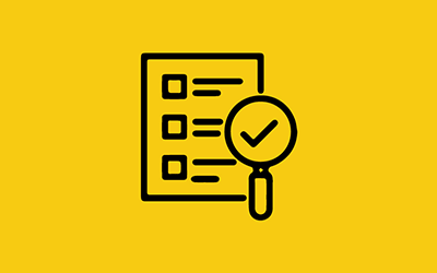 Illustration to represent a checklist and magnifying glass on a yellow background