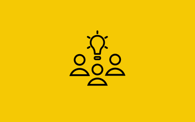 People brainstorming with bulb icon on a yellow background