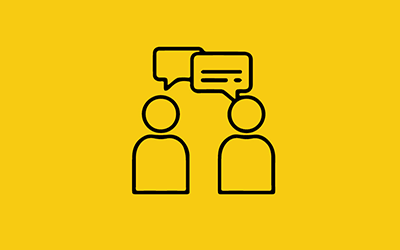 Illustration to represent two people with speech bubbles on a yellow background