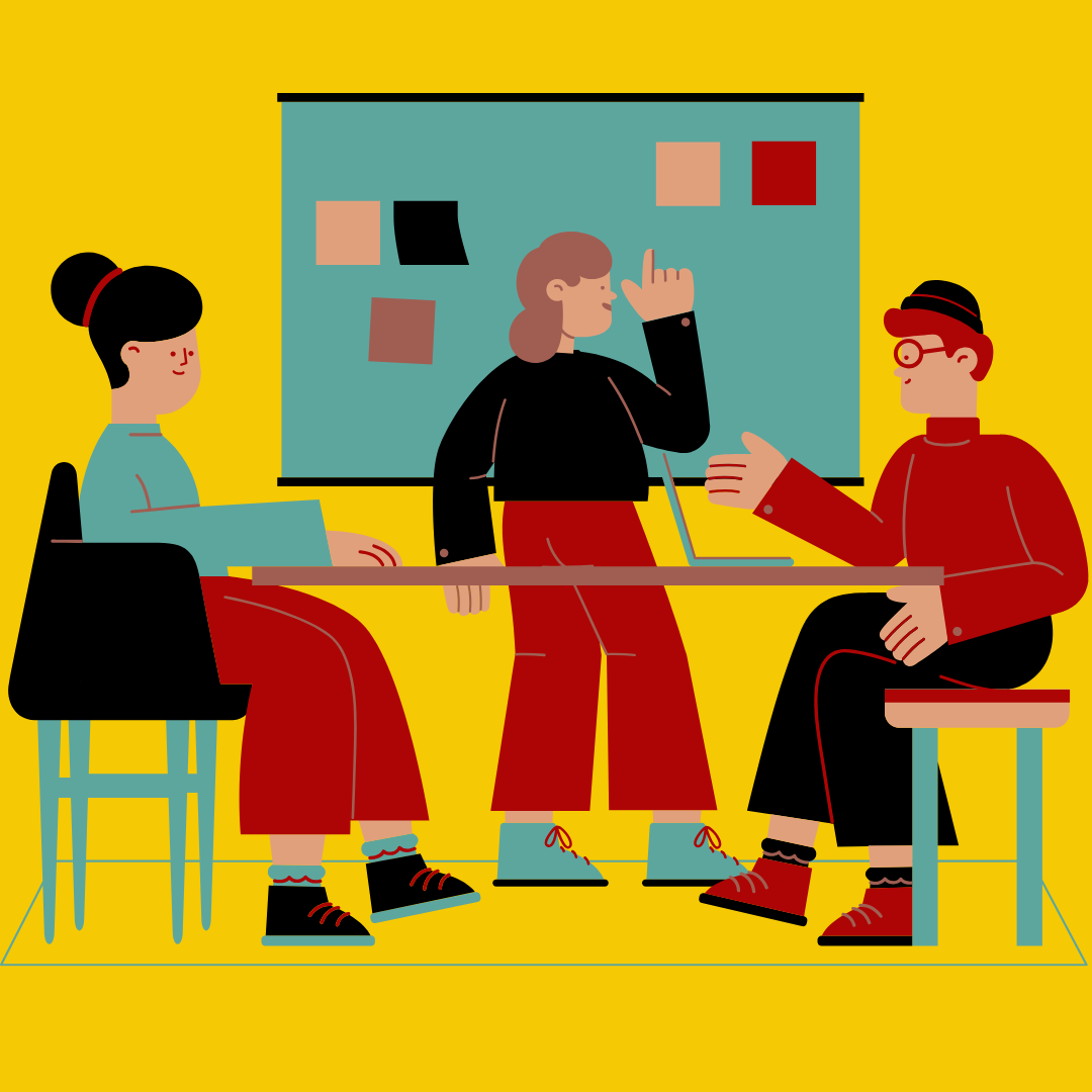 Illustration representing three students in a focus group 