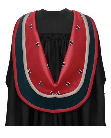 Gown: black basic bachelor gown Hood: CNAA simple shape hood in dark teal,  lined red Salford jacquard weave, the outside of  the cape is bordered 1” red satin. The inside of the  cowl is bordered 1” oyster grey satin. Hat: black mortarboard with red button & tassel.