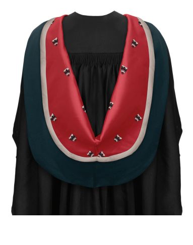 Gown: black basic bachelor gown Hood: CNAA simple shape hood in dark teal,  lined red Salford jacquard weave. The inside of  the cowl is bordered 1” oyster grey satin. Hat: black mortarboard with red button & tassel