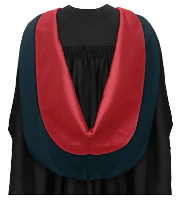 Gown: black basic bachelor gown Hood: CNAA simple shape hood in dark teal,  lined red satin. Hat: black mortarboard with red button & tassel