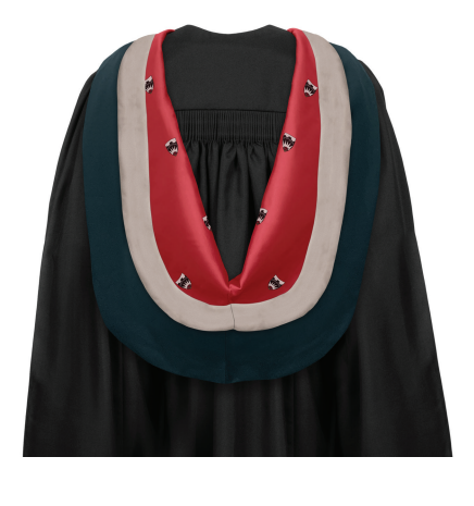 Gown: black basic masters gown Hood: CNAA simple shape hood in dark teal,  lined red Salford jacquard weave. The inside of  the cowl is bordered 3” oyster grey satin. Hat: black mortarboard with red button & tassel