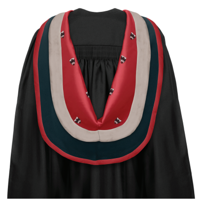 Gown: black basic masters gown Hood: CNAA simple shape hood in dark teal,  lined red Salford jacquard weave, the outside of  the cape is bordered 1” red satin. The inside of the  cowl is bordered 3” oyster grey satin. Hat: black mortarboard with red button & tassel