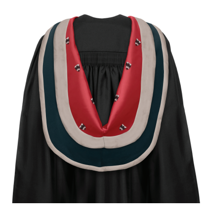 Gown: black basic masters gown Hood: CNAA simple shape hood in dark teal,  lined red Salford jacquard weave, the outside of  the cape is bordered 1” oyster grey satin. The inside  of the cowl is bordered 3” oyster grey satin. Hat: black mortarboard with red button & tassel