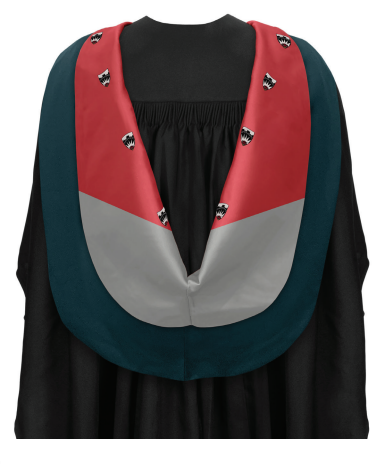 Gown: black basic bachelor gown Hood: CNAA simple shape hood in dark teal,  lined red Salford jacquard weave, tipped  oyster grey satin. Hat: black mortarboard with red button & tassel.