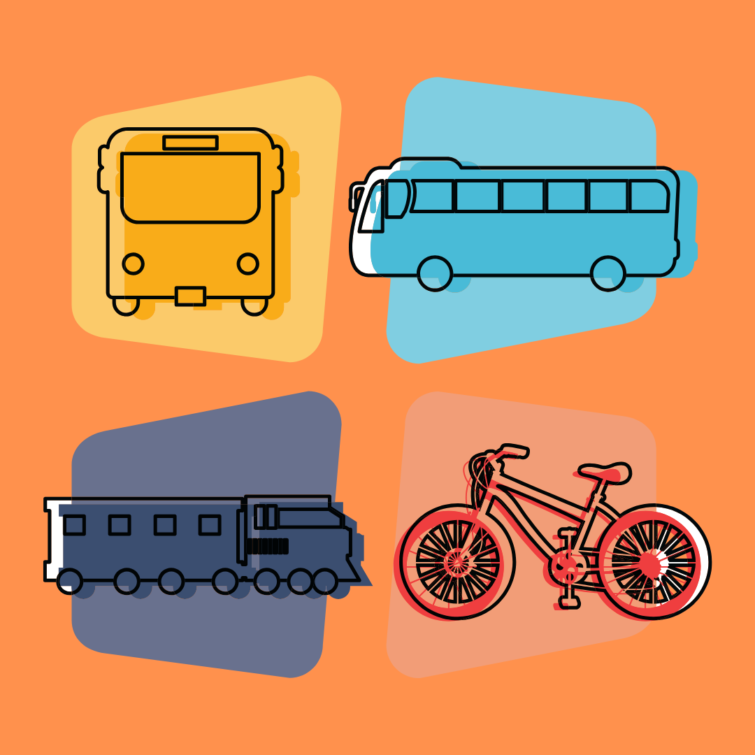 Commuting icons: bus, tram, train and bike