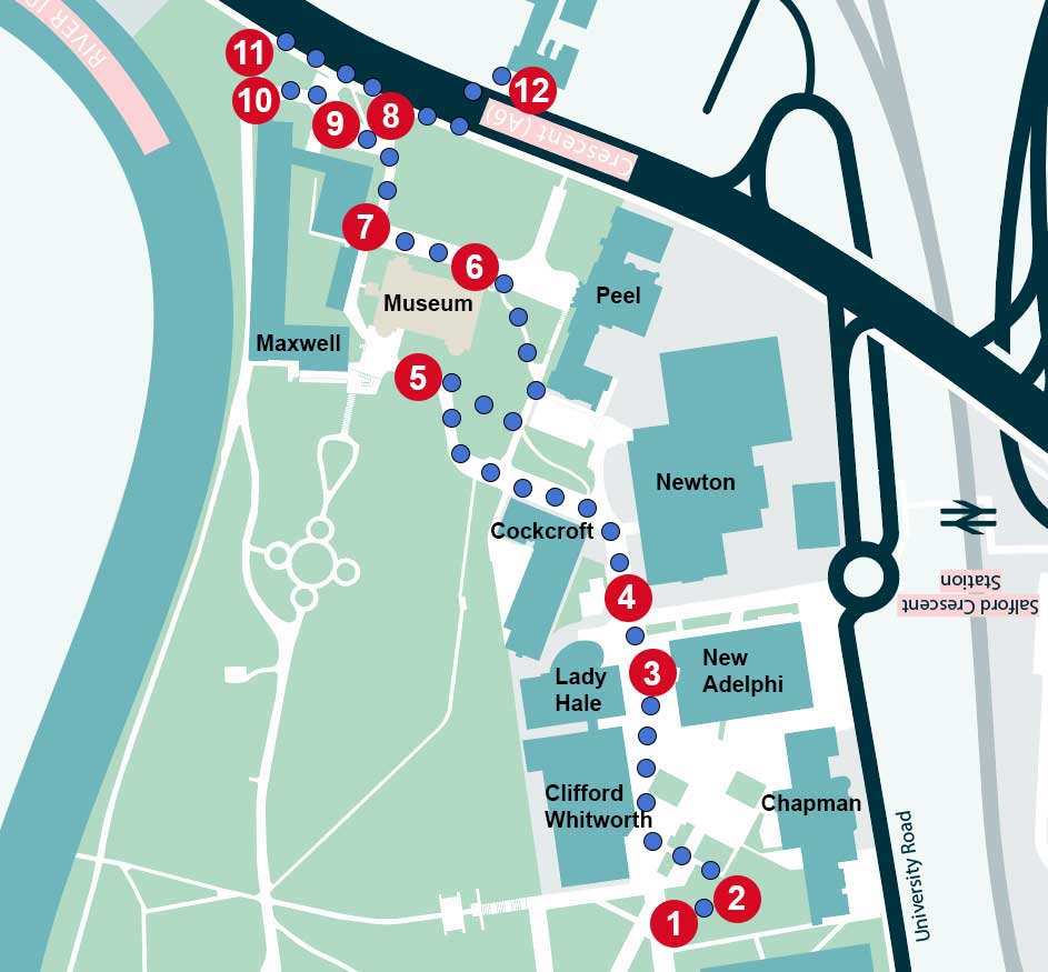 Map showing the locations of the 12 checkpoints of the Campus Heritage Trail