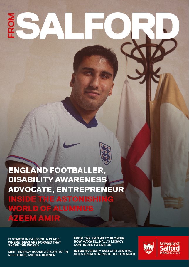 Front page of From Salford magazine, with photo of male alumnus in England football shirt