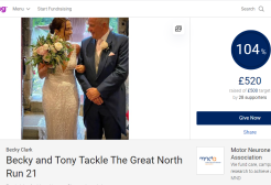 photo of tony and becky on wedding day, plus fundraising website