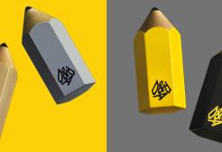 Images of large pencils on a yellow and grey background