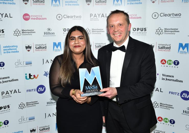 Saywah Mahmood holds the Asian Media Awards trophy with Paul Broster