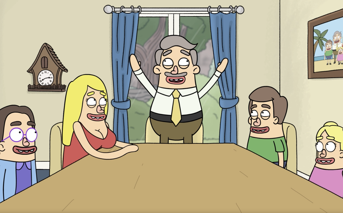 A screenshot from Nigel Leadfeather - YouTube Sensation with five animated characters sitting around a table