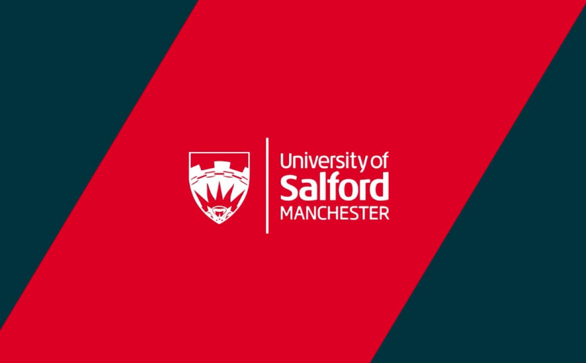 University of Salford logo on red diagonal stripe with blue on either side