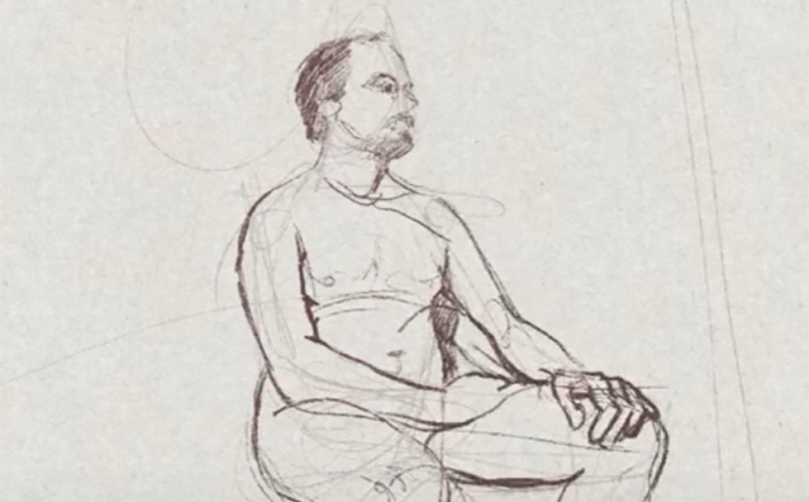 Haworth line drawing of seated model